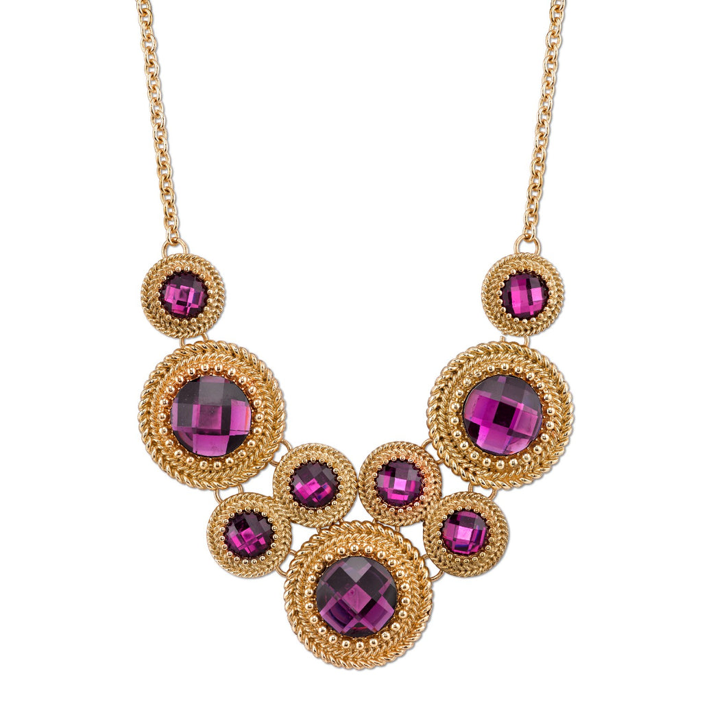 Gold Tone Purple Round Faceted Bib Necklace 16   19 Inch Adjustable