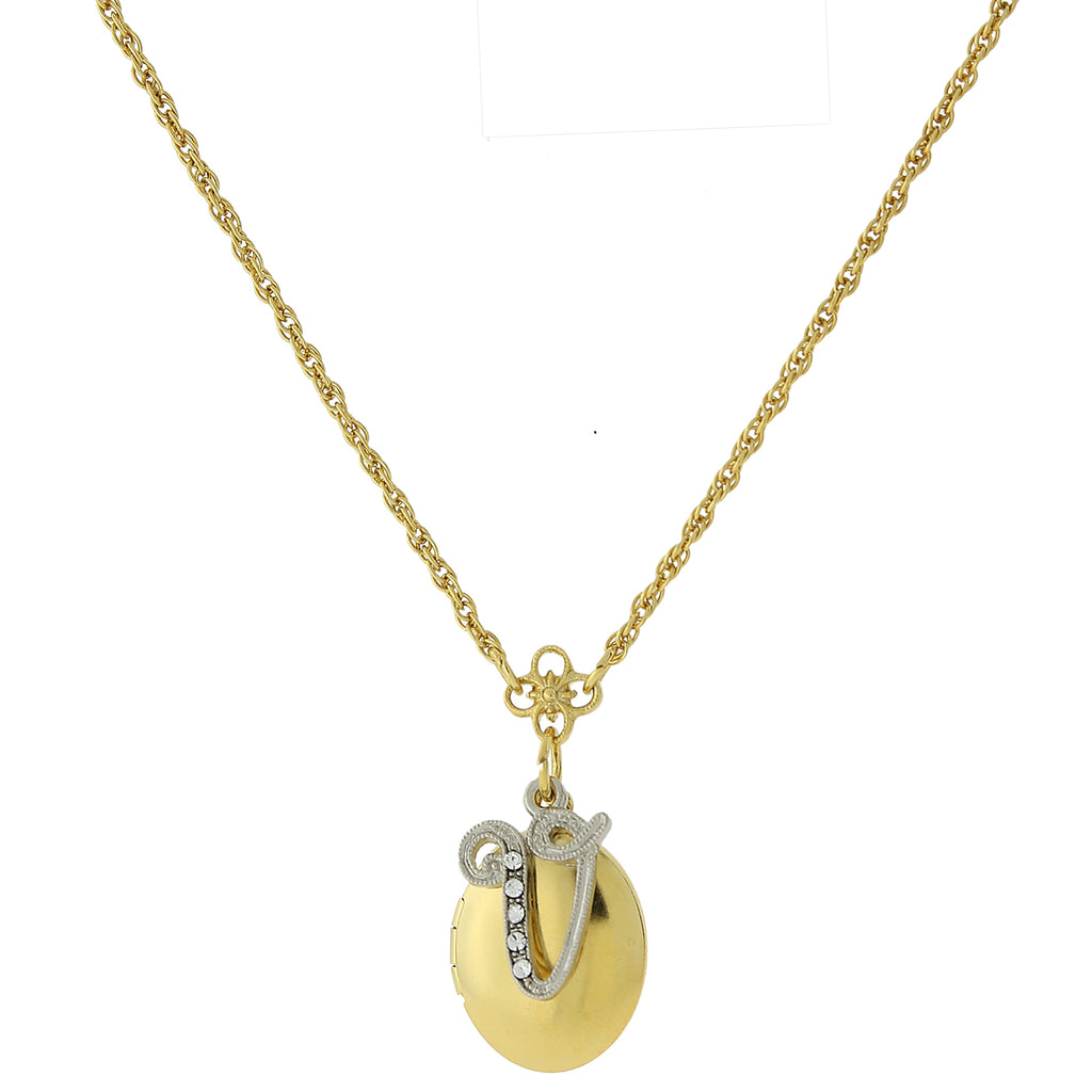 Gold Tone Locket And Silver Tone Crystal Initial Necklaces V