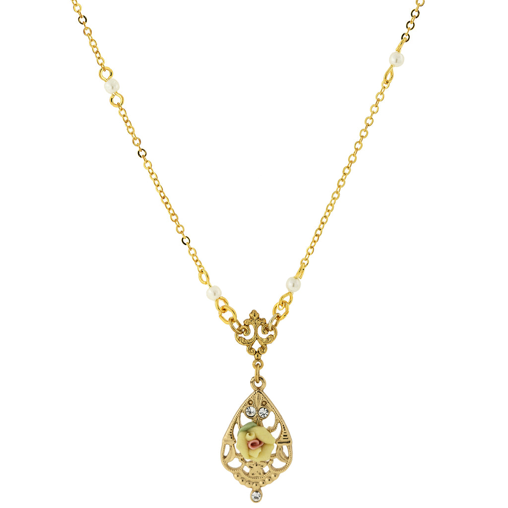 14K Gold Dipped Porcelain Rose With Crystal Accent Necklace 17 In