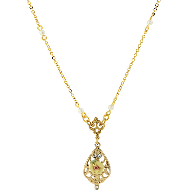 14K Gold Dipped Porcelain Rose With Crystal Accent Necklace 17 In