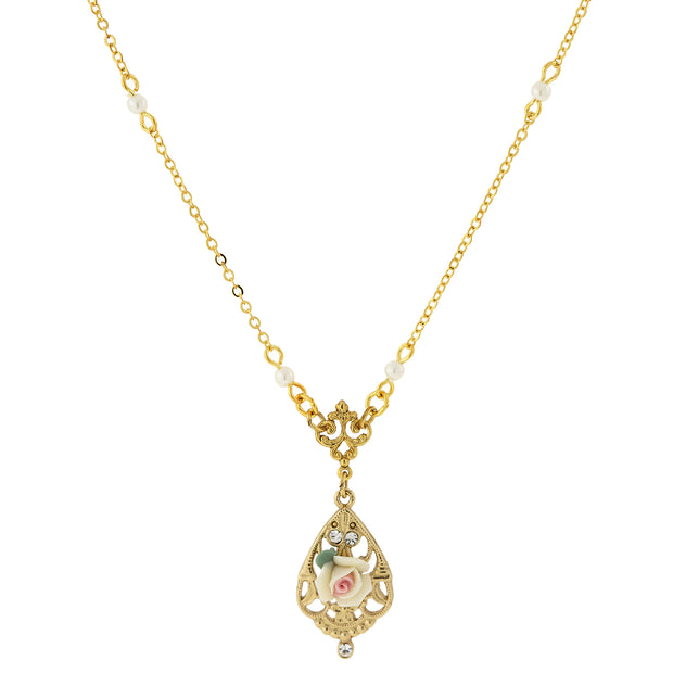 14K Gold Dipped Porcelain Rose With Crystal Accent Necklace 17" Ivory