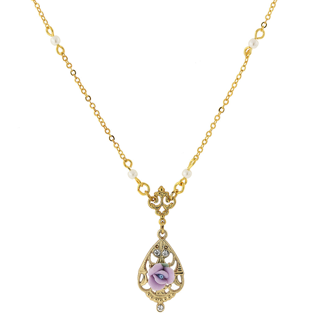 14K Gold Dipped Porcelain Rose With Crystal Accent Necklace 17" Light Purple