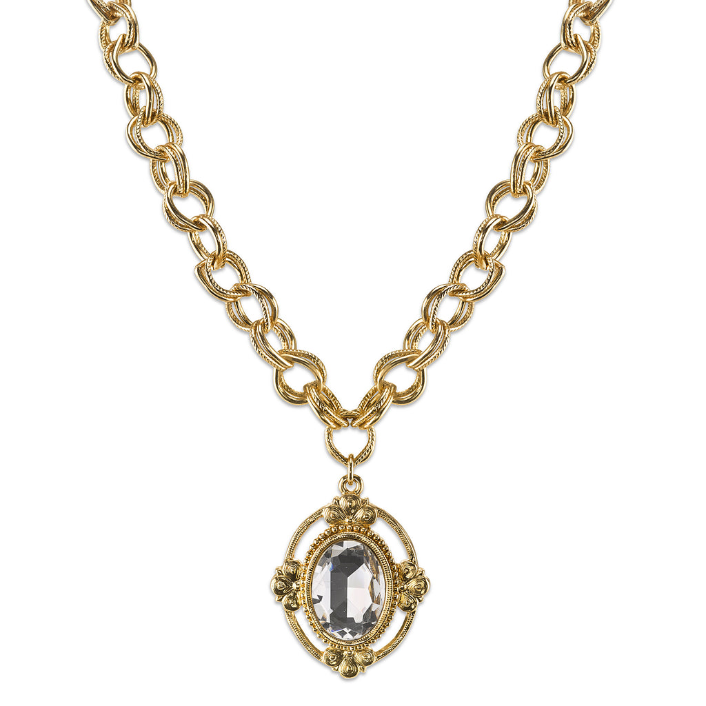 Gold Tone Crystal Faceted Oval Pendant Necklace 16   19 Inch Adjustable