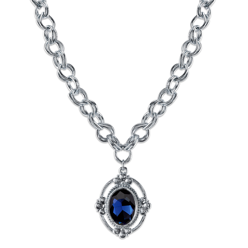Silver Tone Austrian Crystal Pendant Necklace 16   19 Inch Adjustable Blue