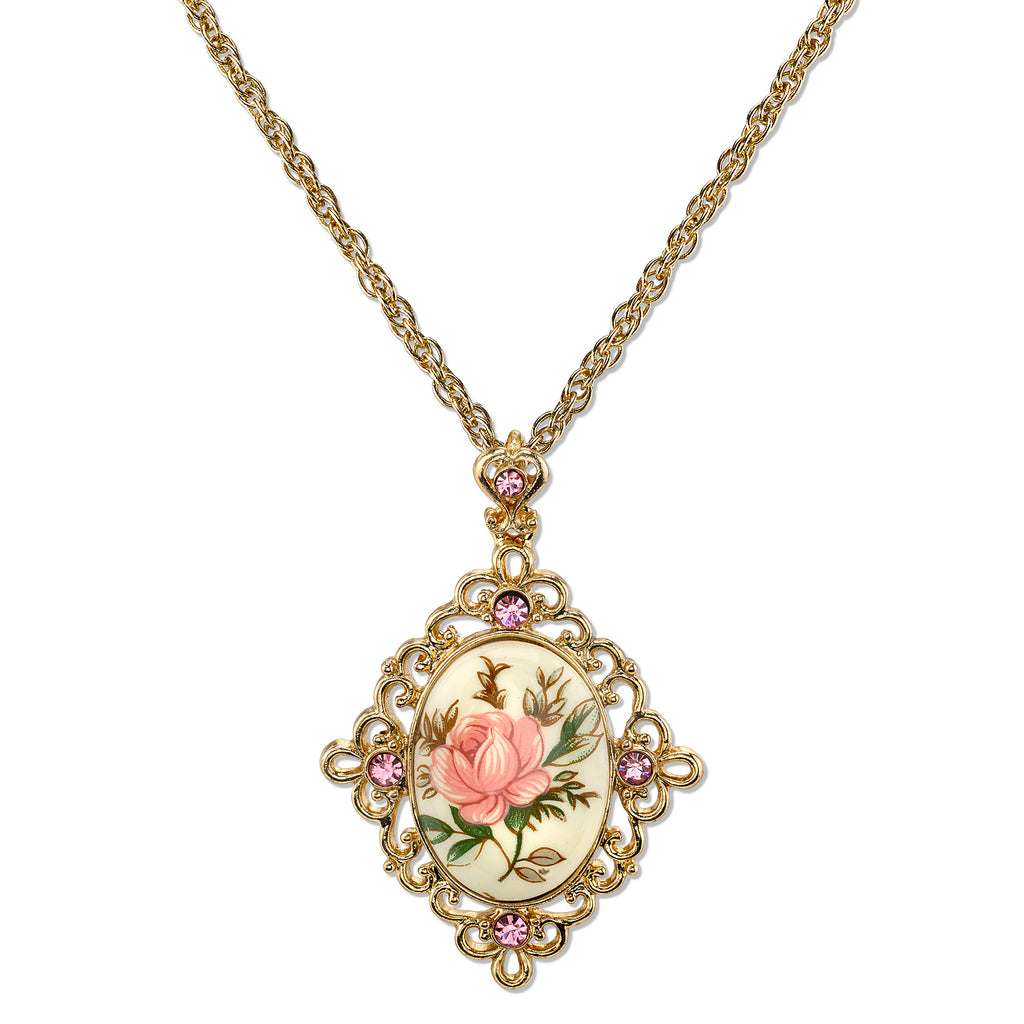 Gold Tone Ivory Color Floral Decal  Crystal Accent Pendant Necklace 16   19 Inch Adjustable