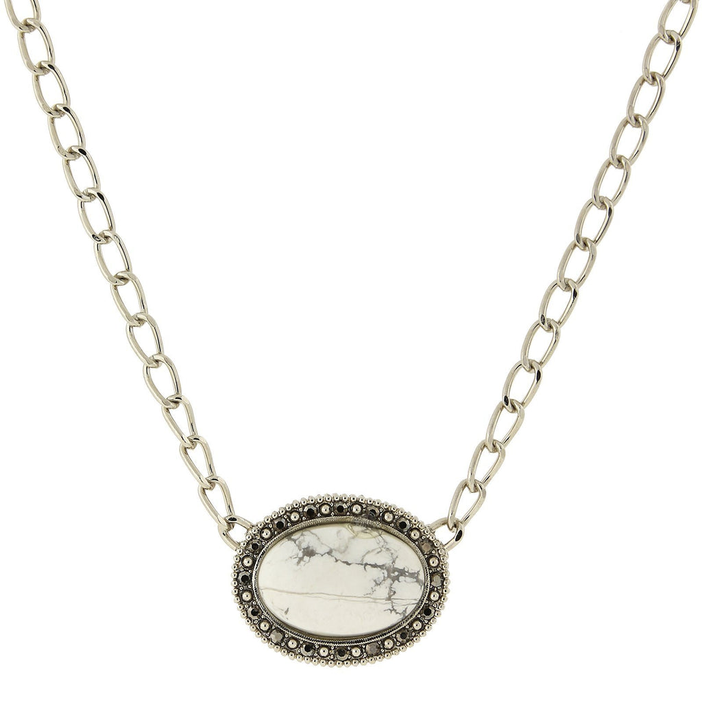 Silver Tone Gemstone White Howlite And Hematite Pendant Necklace 16   19 Inch Adjustable