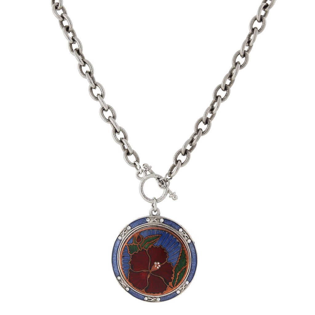 Silver Tone Blue And Red Floral Enamel Medallion Toggle Necklace 20 In