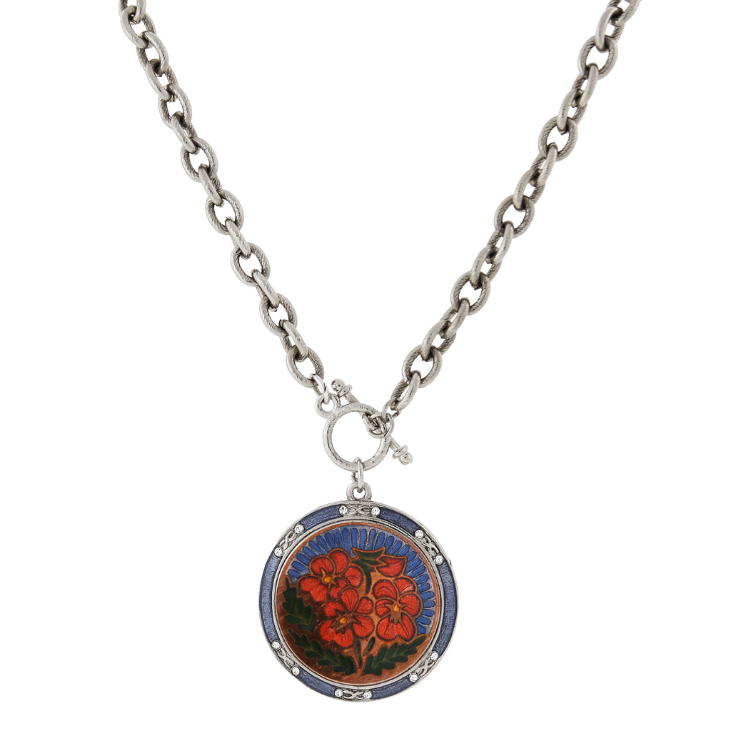 Silver Tone Blue And Orange Floral Enamel Medallion Toggle Necklace 20 In
