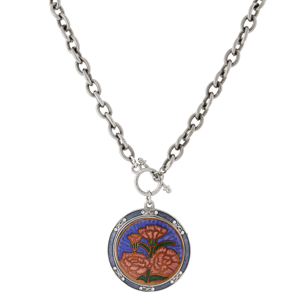 Silver Tone Blue and Orange Floral Enamel Medallion Toggle Necklace 20
