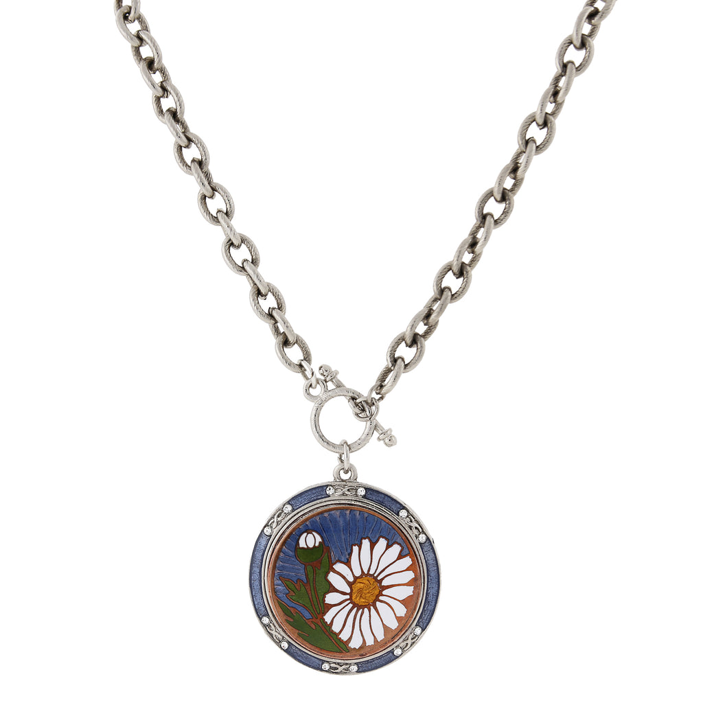 Silver Tone Blue And White Floral Enamel Medallion Toggle Necklace 20 In