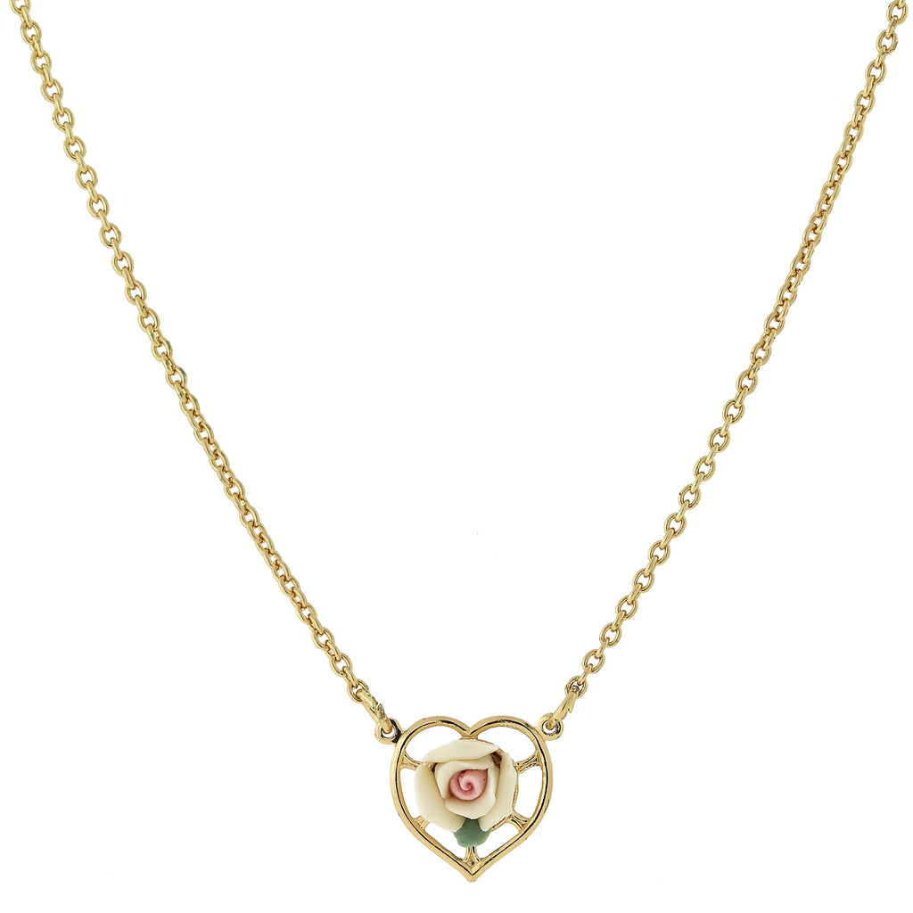14K Gold Dipped Porcelain Rose Heart Necklace 16 Inch