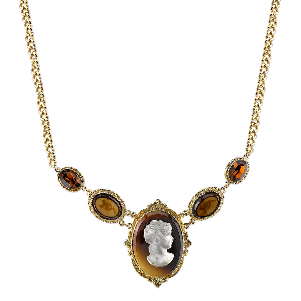 Gold Tone Tortoise Brown Statement Cameo Necklace 16   19 Inch Adjustable