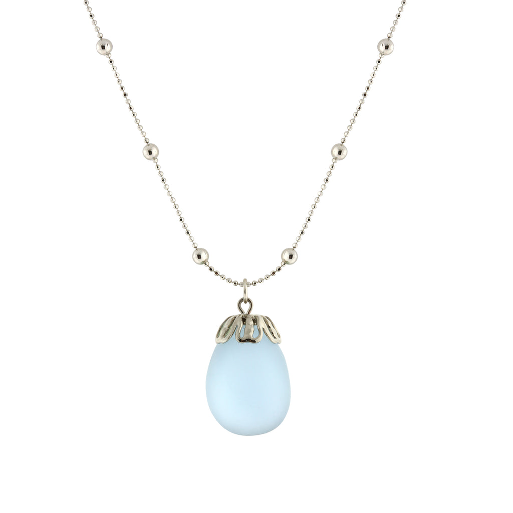 Frosted Glass Egg Pendant Necklace 16   19 Inch Adjustable Light Blue