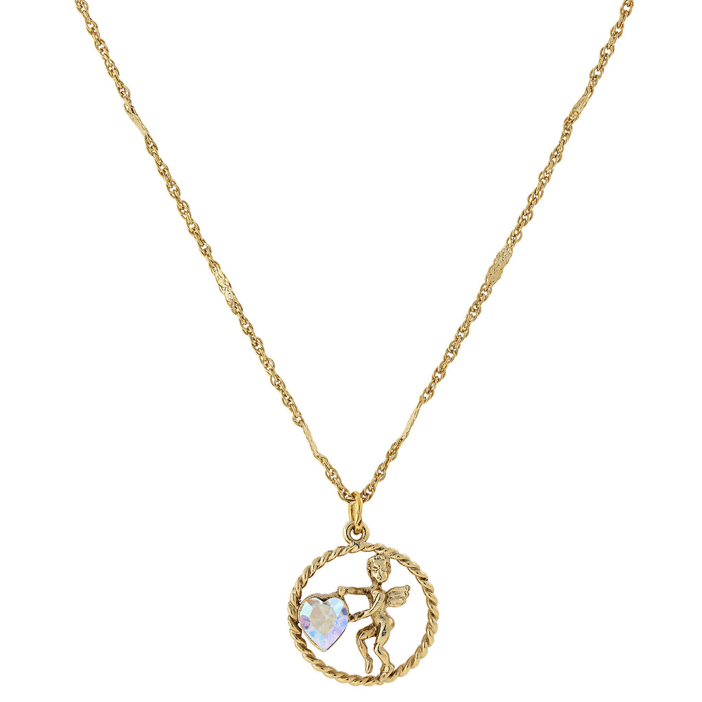 Gold Tone Suspended Cherub Angel And Ab Crystal Heart Necklace 16   19 Inch Adjustable