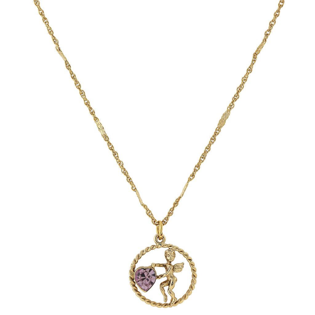 Gold Tone Suspended Cherub Angel And Crystal Heart Necklace Light Purple