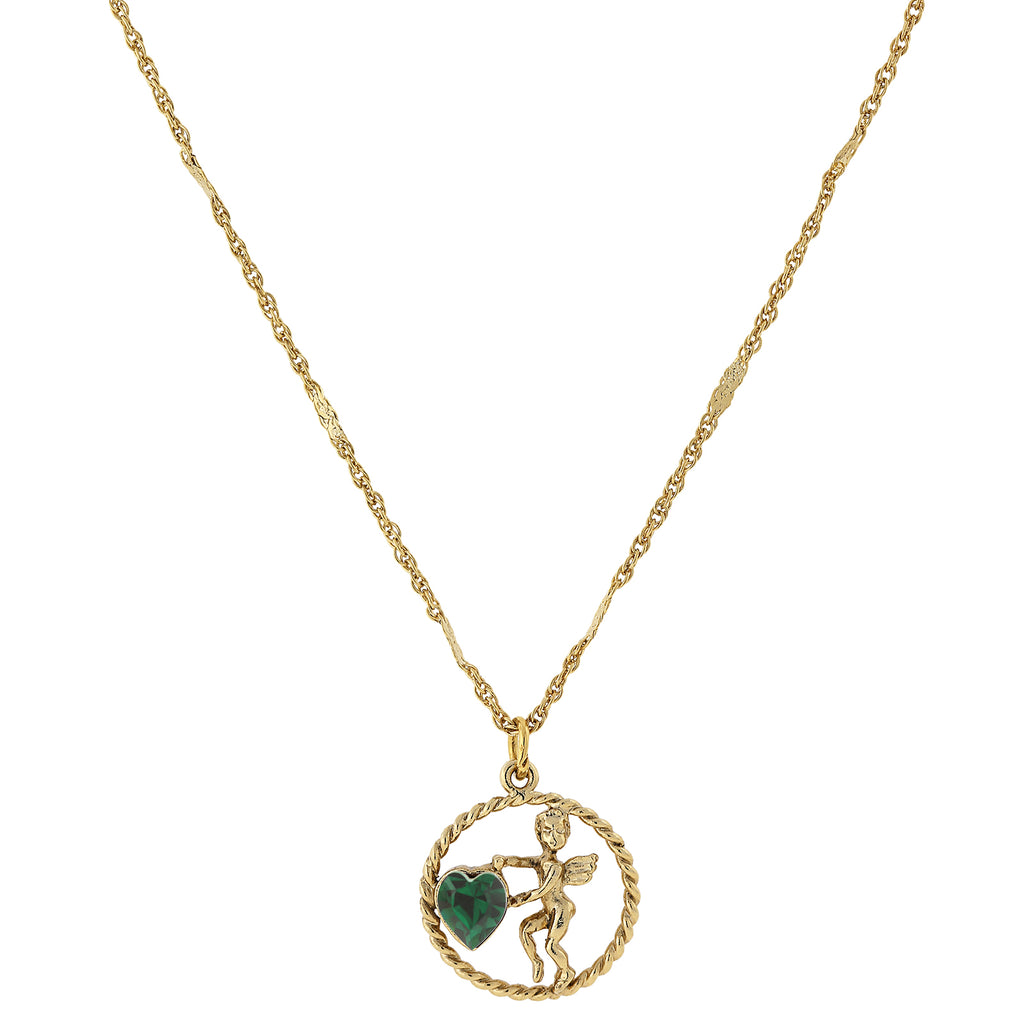 Gold Tone Suspended Cherub Angel And Crystal Heart Necklace Dark Green