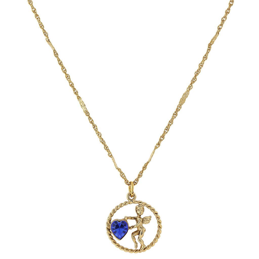 Gold Tone Suspended Cherub Angel And Crystal Heart Necklace Blue