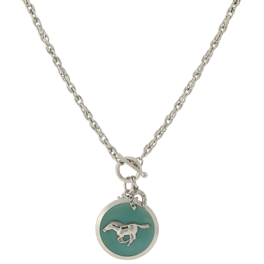 Silver Tone Turquoise Color Enamel Horse Pendant Toggle Necklace 18 Inch
