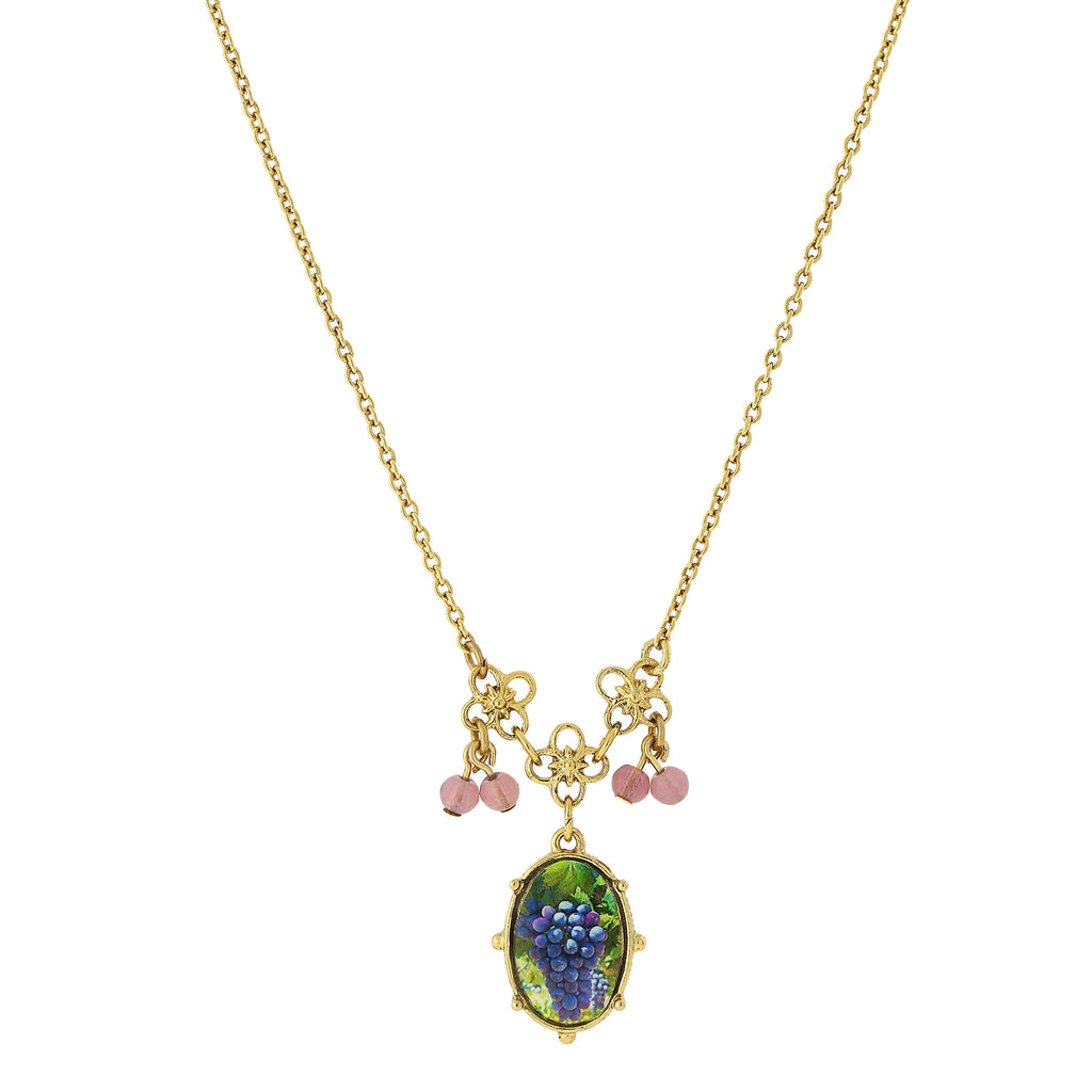 14K Gold Dipped Petite Purple Grapes Decal Pendant With Beads Necklace 16   19 Inch Adjustable