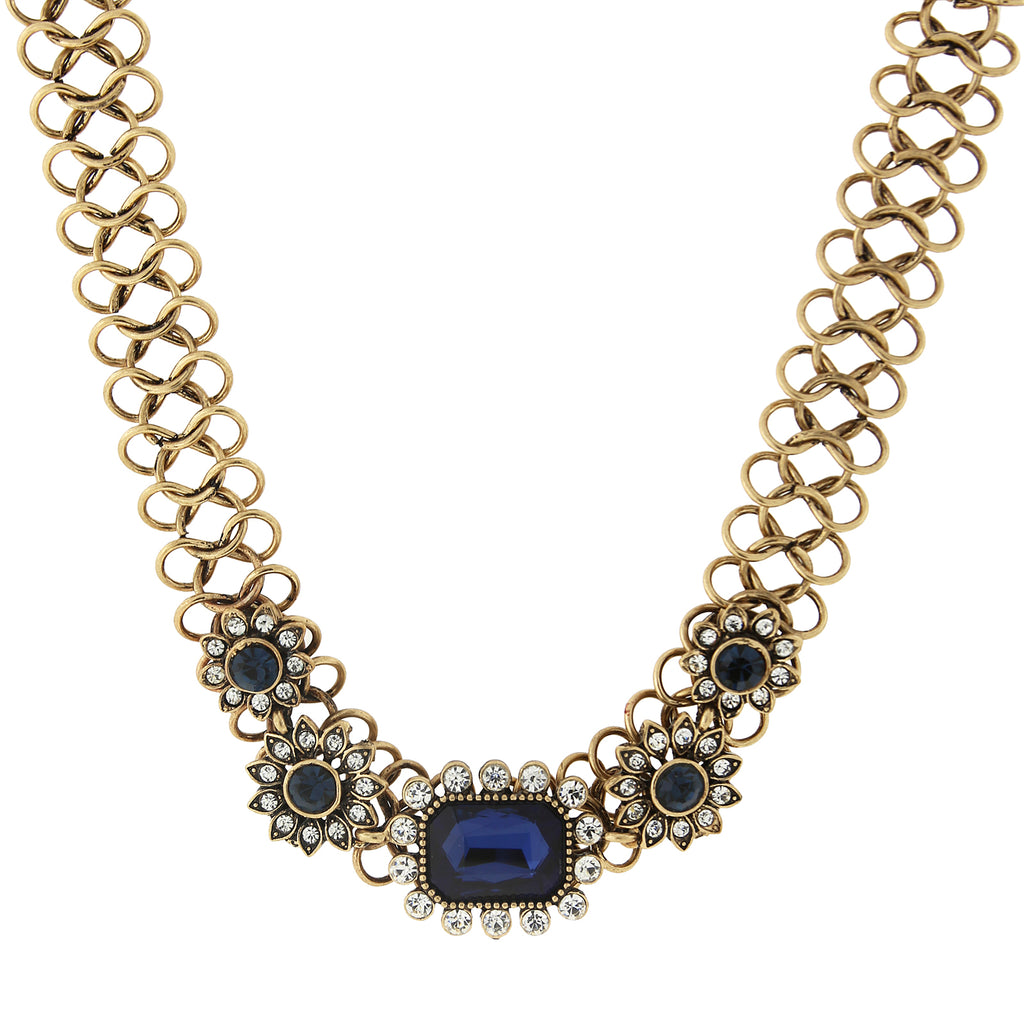 Burnished Gold Tone Blue Collar Statement Necklace With Crystal Accents 16   19 Inch Adjustable