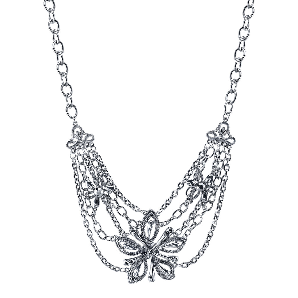 Silver Tone Hematite Color Flower Statement Necklace 16   19 Inch Adjustable