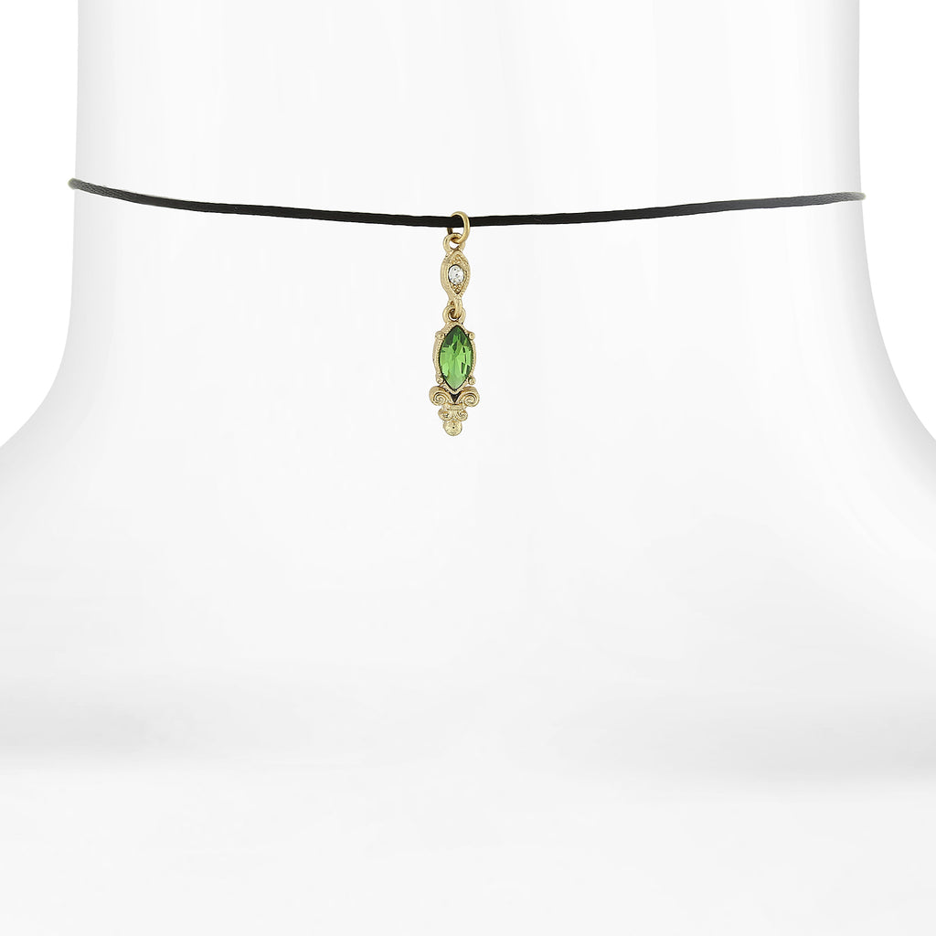 Black Choker With Gold Tone Green And Crystal Accent Drop 14 In Adj
