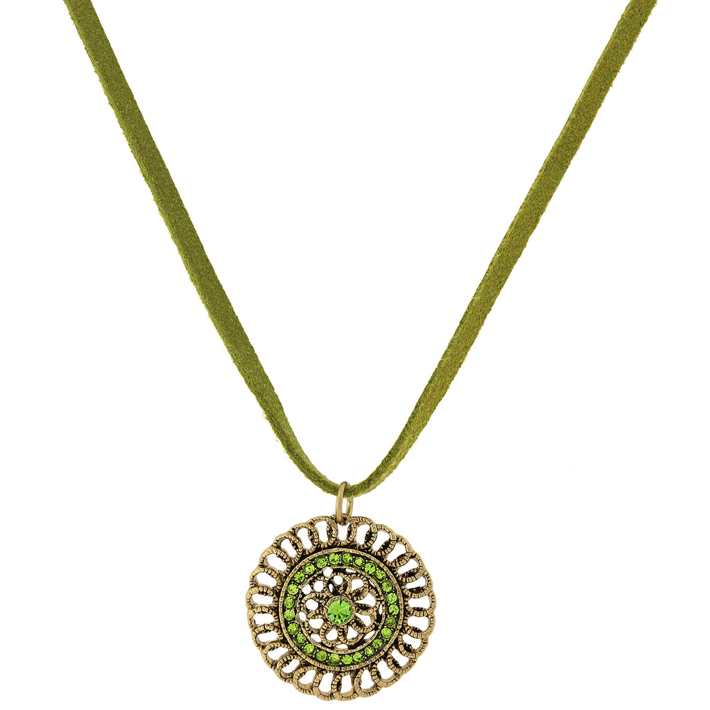 Green Velvet Choker Necklace With Gold Tone Pendant