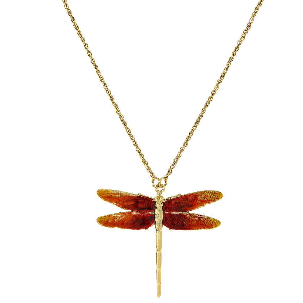 Gold Tone Orange Enamel Dragonfly Pendant Necklace 16   19 Inch Adjustable