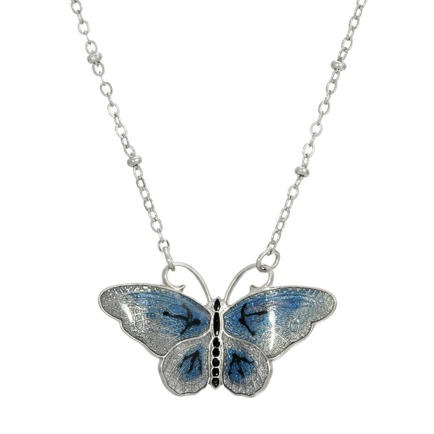 Blue Enamel Butterfly Necklace 16.5 - 19.5 Inch Adjustable