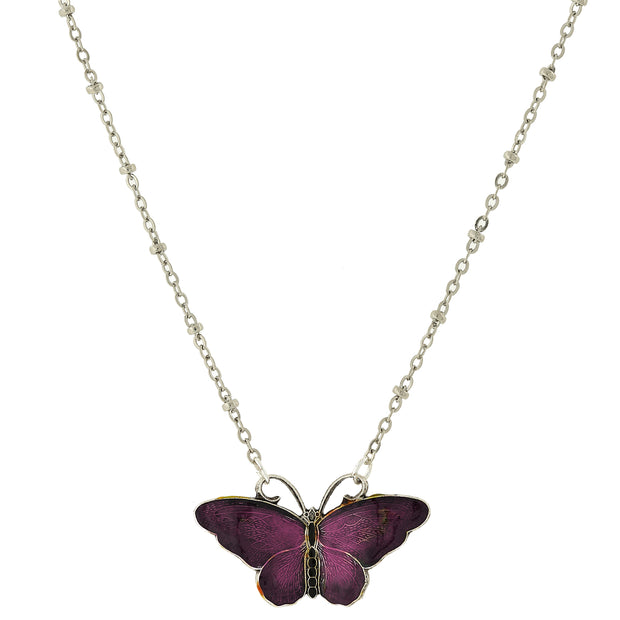 Silver Tone Enamel Butterfly Necklace 16.5   19.5 Inch Adjustable Purple