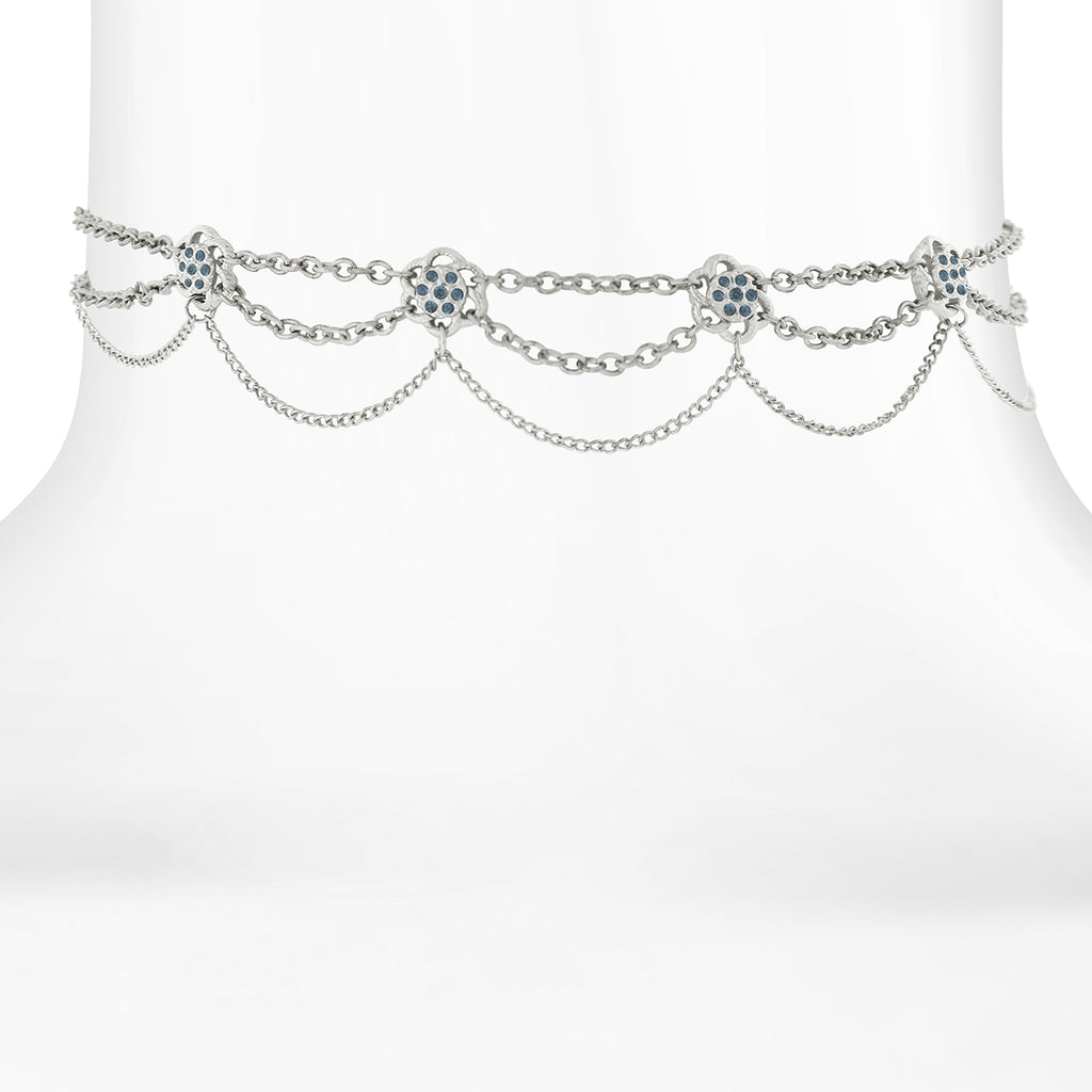 Silver Tone Chain Drape Choker With Blue Floral Crystal Accents 12 In Adj