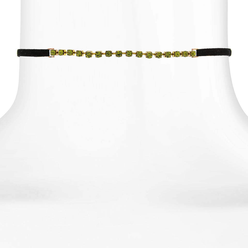 Green Crystal Choker With Black Faux Suede Ribbon