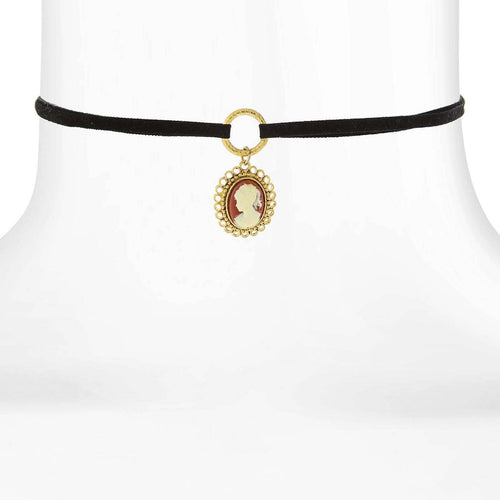 1928 Jewelry Black Suede Choker Oval Carnelian Cameo Drop Pendant Neck