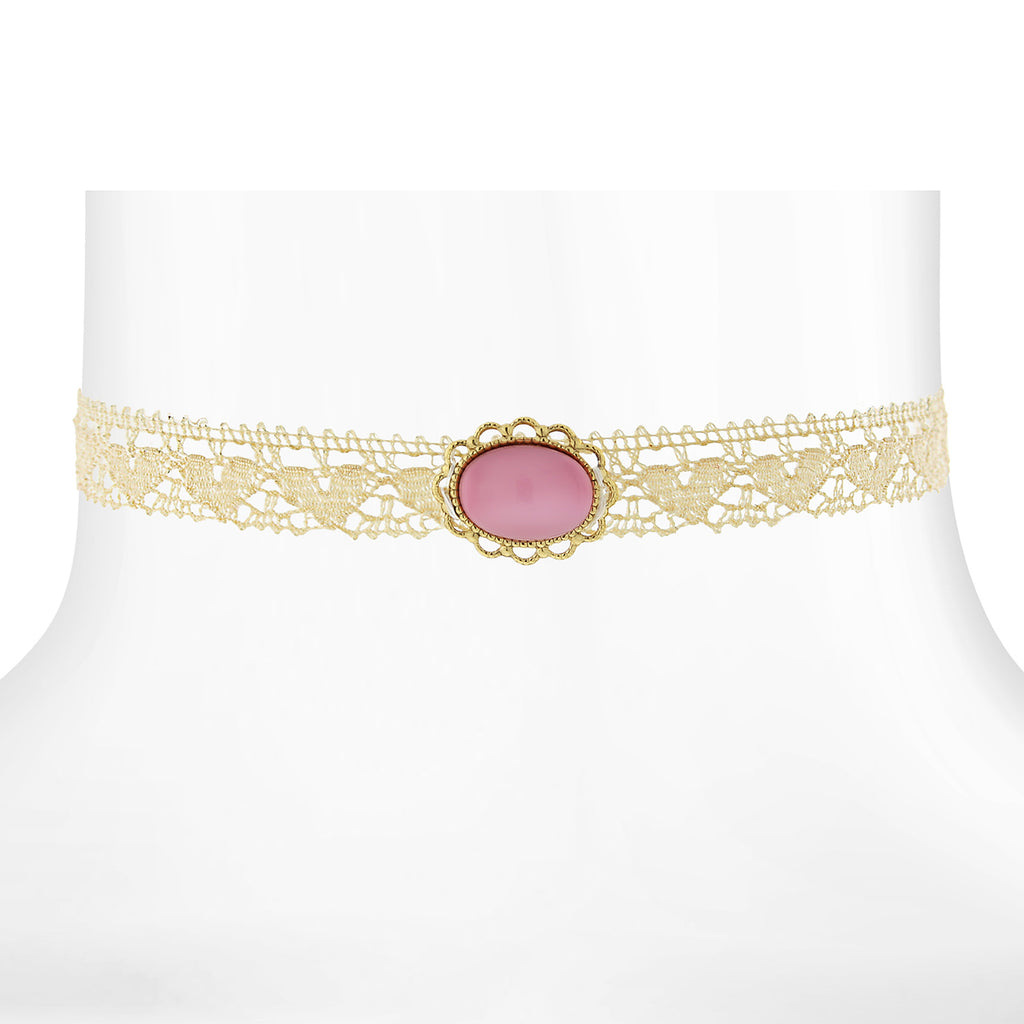 Ivory Lace Choker With Moonstone 12 In Adj Pink
