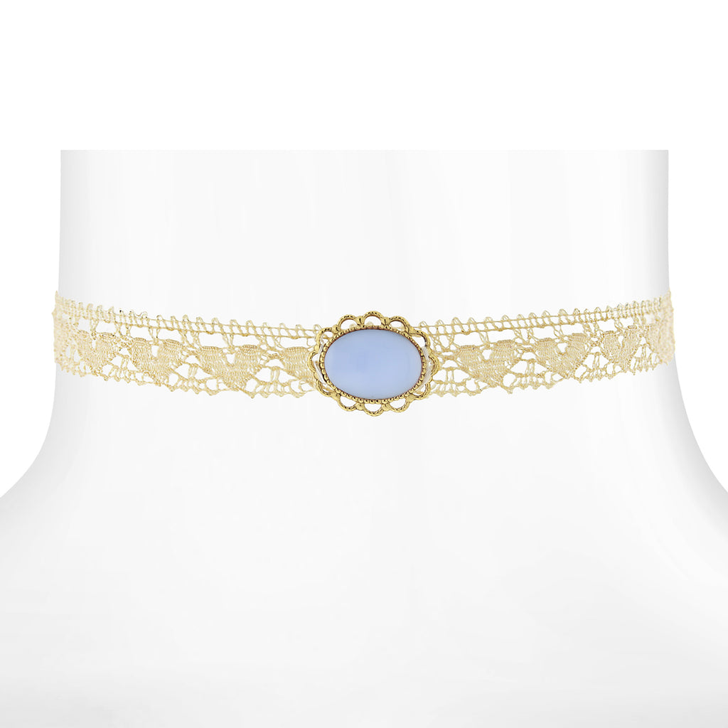 Ivory Lace Choker With Moonstone 12 In Adj Light Blue