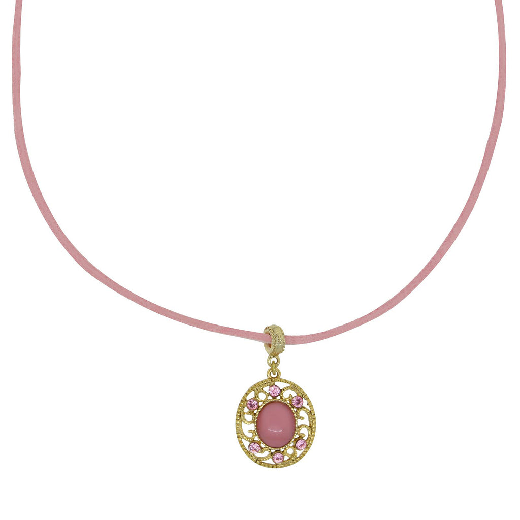 Faux Suede Pink Cord Choker With Pink Moonstone Pendant 15 Adj