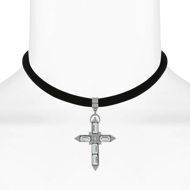 Black Velvet Choker With Crystal Accent Cross Crystal Clear