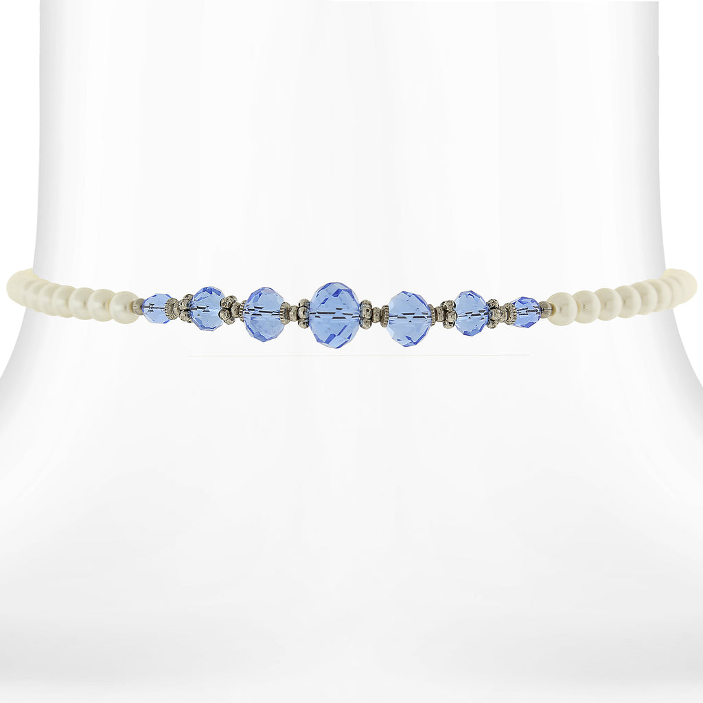 Costume Pearl And Crystal Coil Choker Necklace 15 In Light Blue