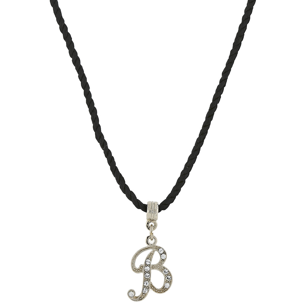 Black Cord Silver Tone Crystal Initial Necklaces B