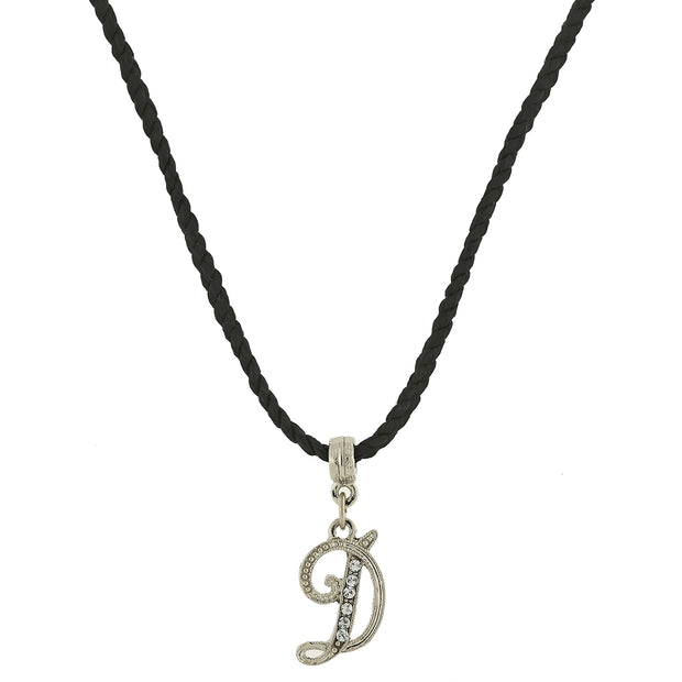 Black Cord Silver Tone Crystal Initial Necklaces D