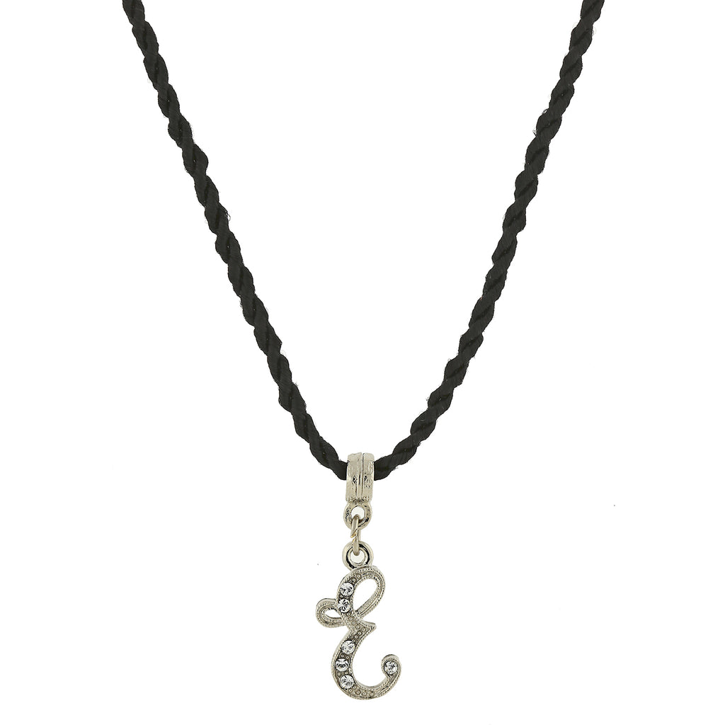 Black Cord Silver Tone Crystal Initial Necklaces E