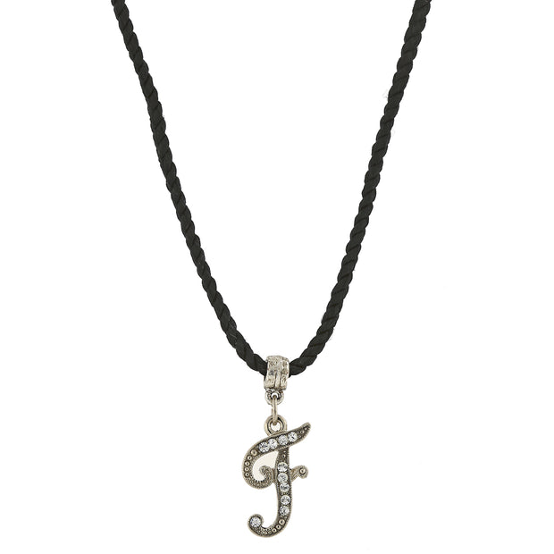Black Cord Silver Tone Crystal Initial Necklaces F