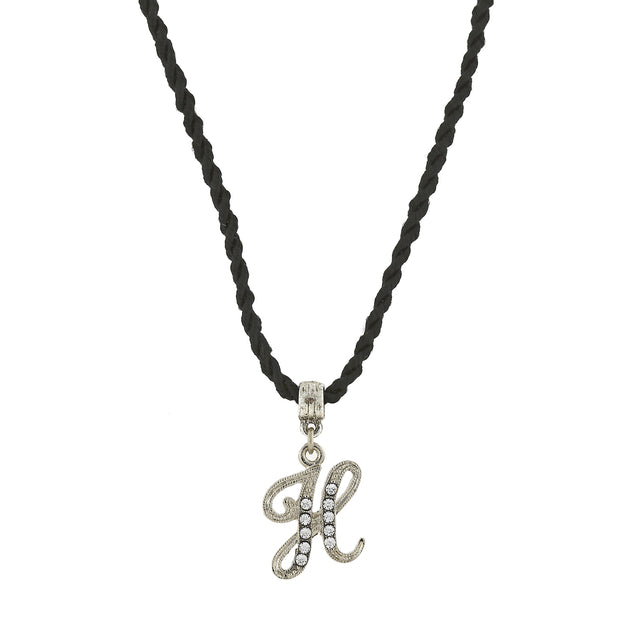 Black Cord Silver Tone Crystal Initial Necklaces H