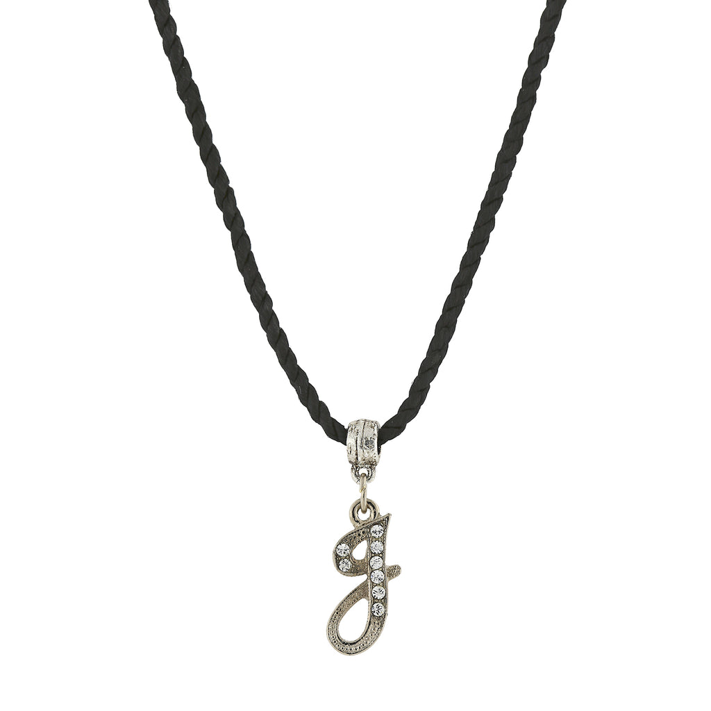 Black Cord Silver Tone Crystal Initial Necklaces J
