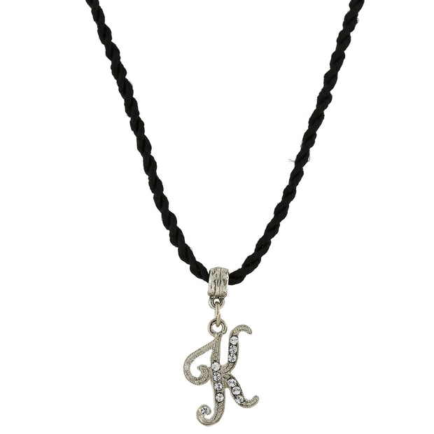 Black Cord Silver Tone Crystal Initial Necklaces K