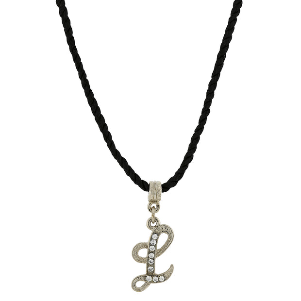 Black Cord Silver Tone Crystal Initial Necklaces L