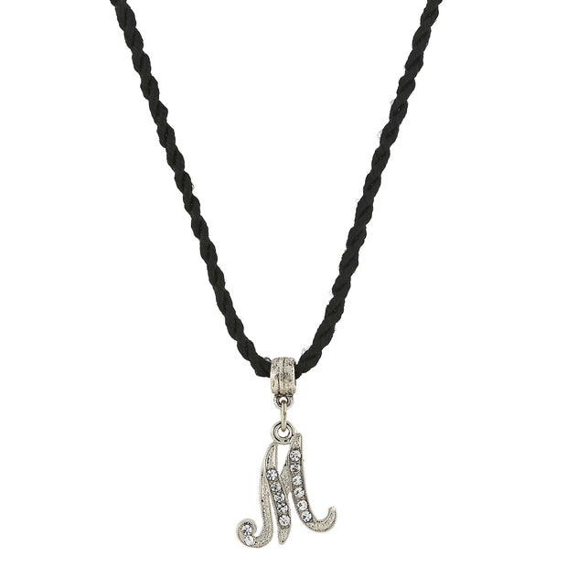 Black Cord Silver Tone Crystal Initial Necklaces M