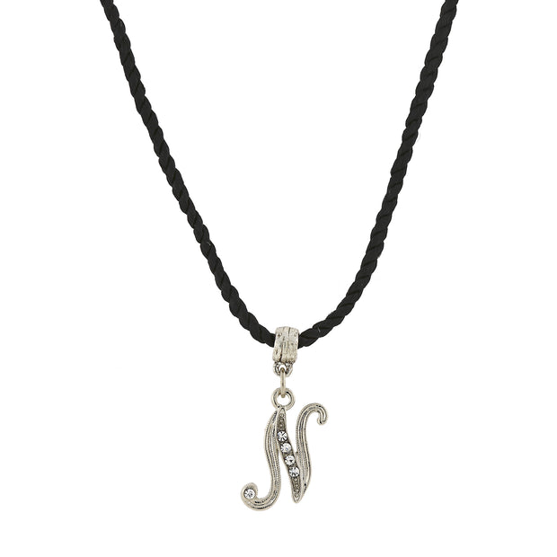 Black Cord Silver Tone Crystal Initial Necklaces N