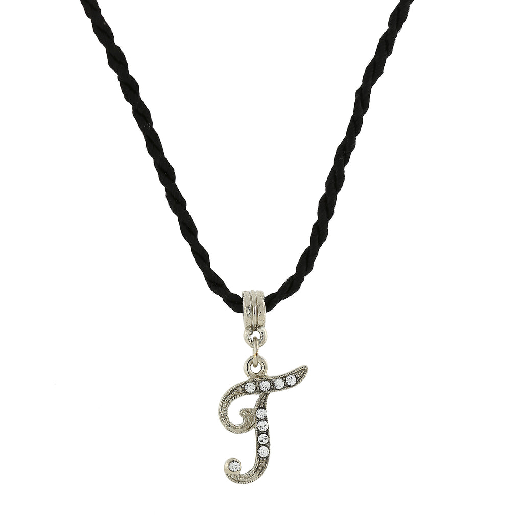 Black Cord Silver Tone Crystal Initial Necklaces T