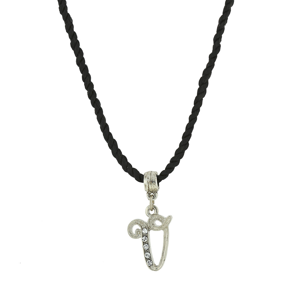 Black Cord Silver Tone Crystal Initial Necklaces V